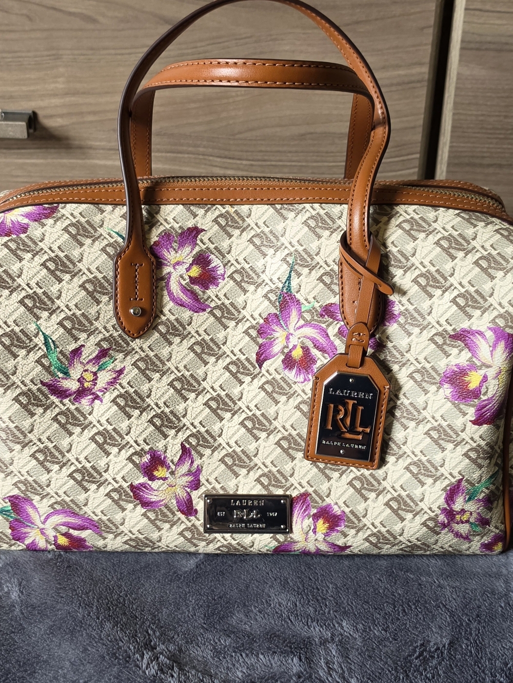 Ralph Lauren Floral Monogram Satchel Bag in Cream and Pink